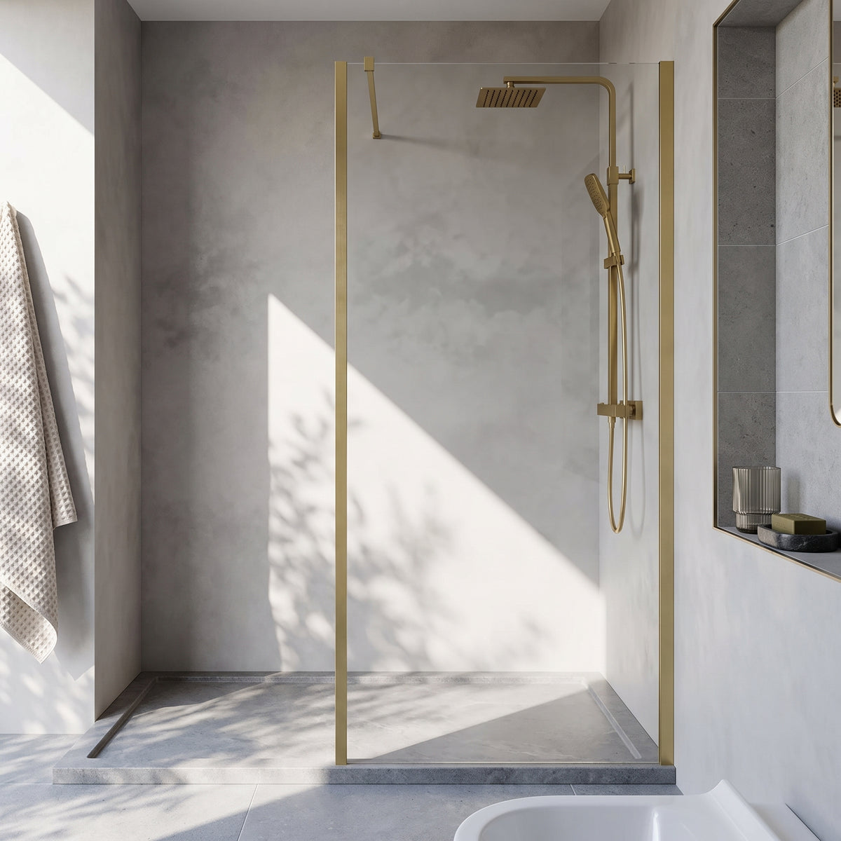 Fairford 1000mm Brushed Brass Vertically Framed 8mm Wetroom Screen - 1850mm High