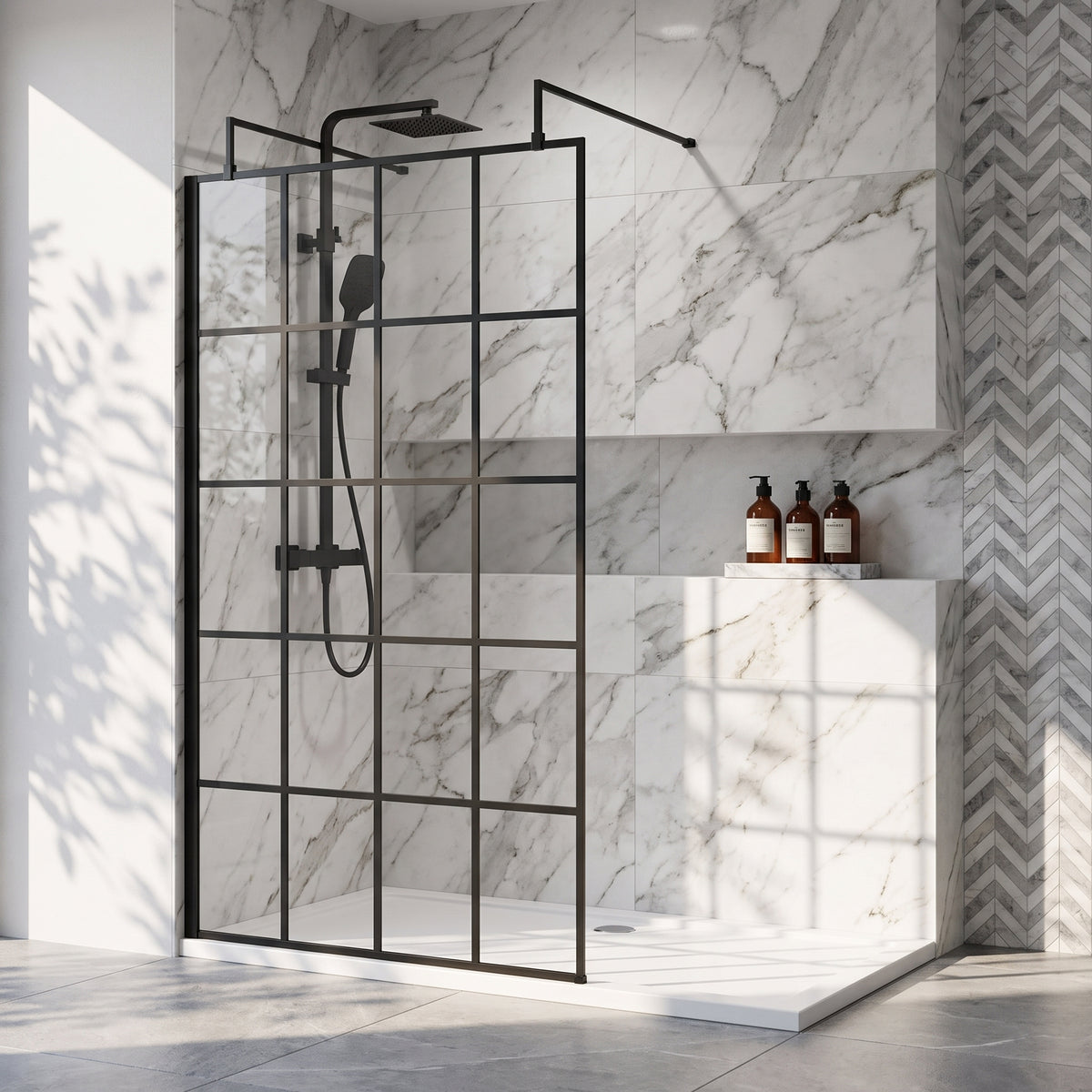 Fairford 1200mm 8mm Matt Black Crittall Wetroom Screen, 2 Support Arms