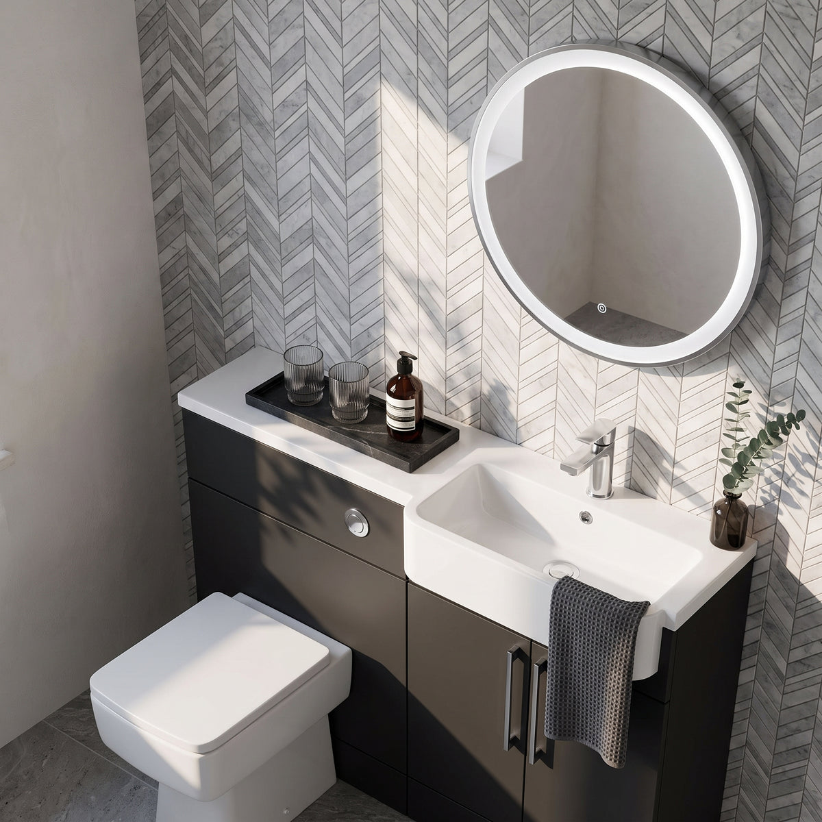 Fairford Union Style Slab Matt Soft Black 1000mm Round Semi Recessed Basin Right Hand Combination Pack