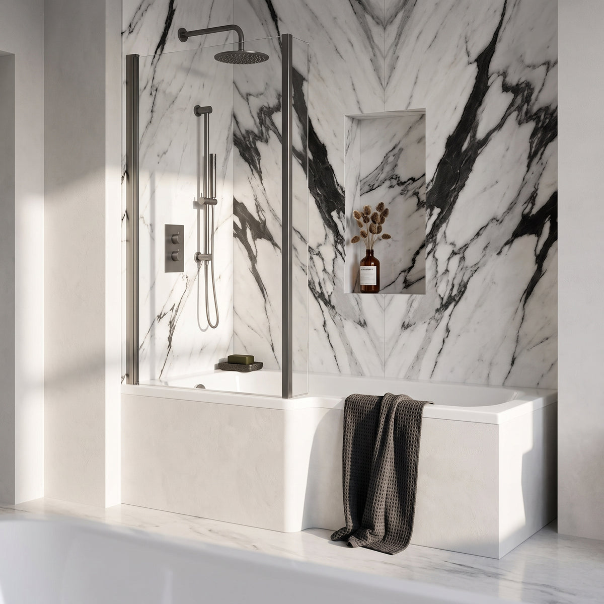Fairford 6mm Gunmetal L Shape Fixed Bath Screen