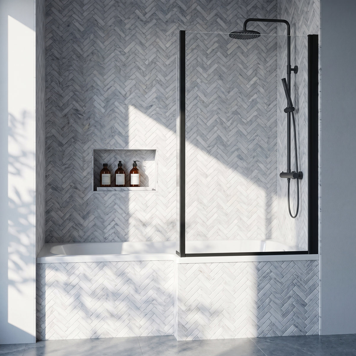 Fairford 6mm Matt Black L Shape Shower Bath Screen with Fixed Return