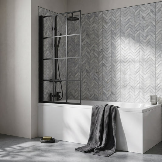 Fairford 6mm Matt Black Square Grid Hinged Bath Screen