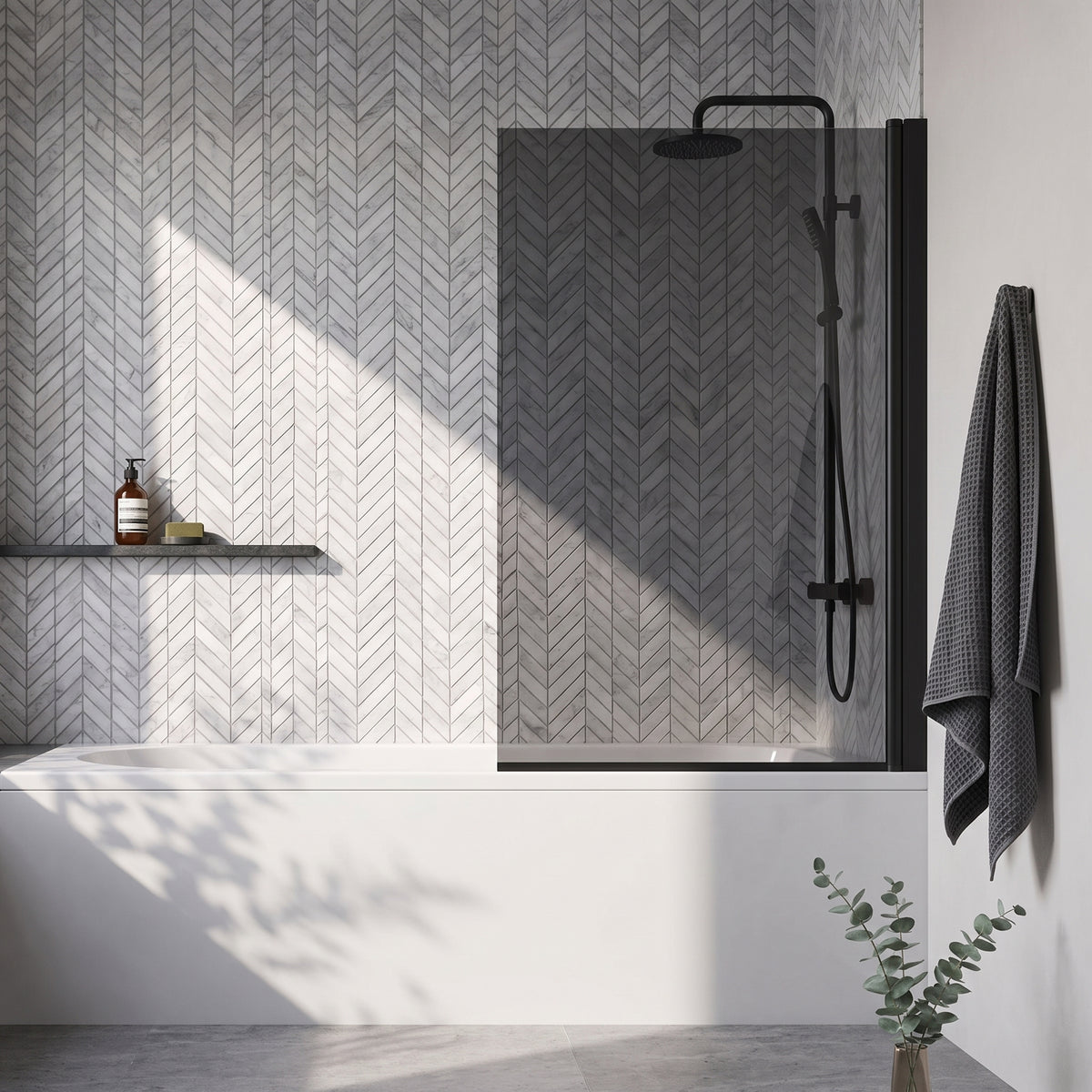 Fairford Black Tinted Hinged Bath Screen