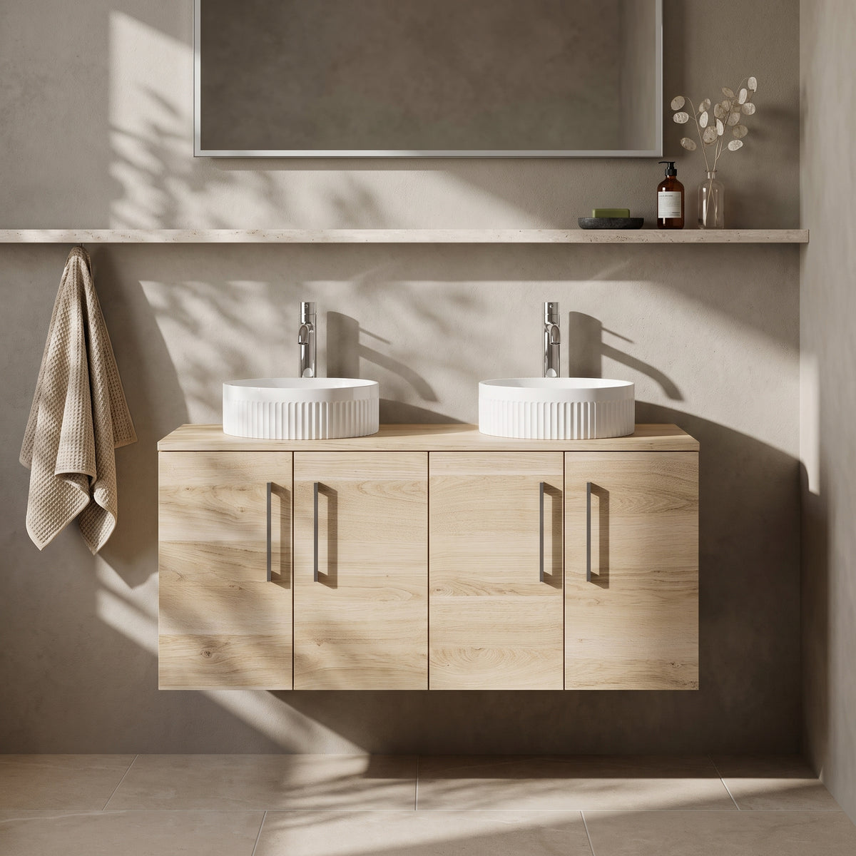 Fairford Aspri Bleached Oak 1200mm 4 Door Wall Hung Vanity Unit with Worktop