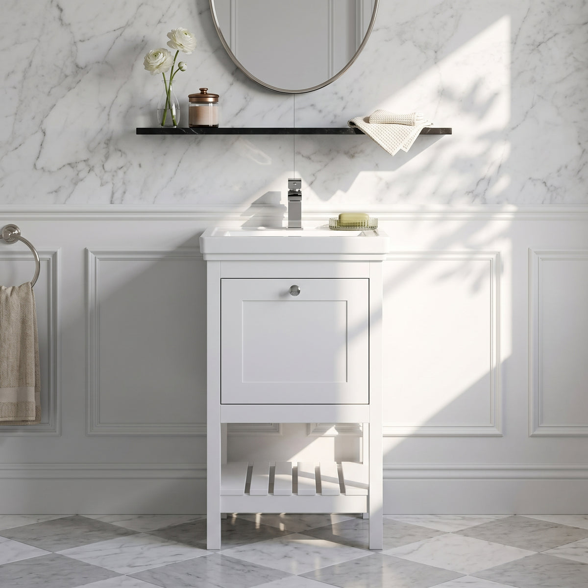 Fairford Juliette Satin White 500mm 1 Drawer Floorstanding Vanity Unit with 1 Tap Hole Basin