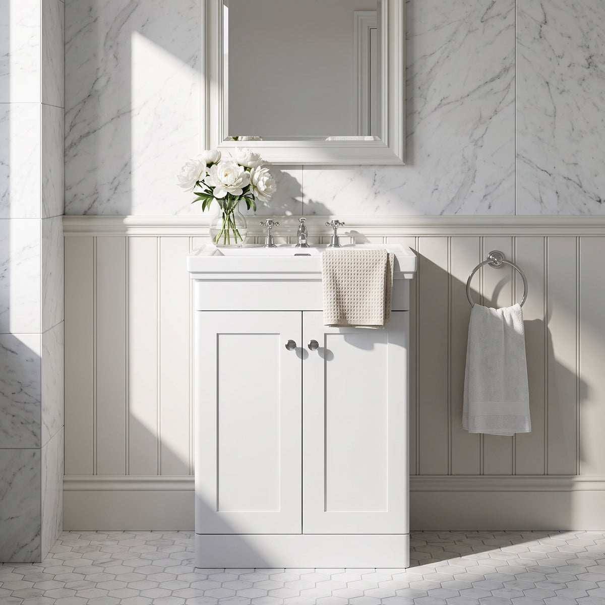 Fairford Laurel 600mm Floor Standing Satin White Vanity Unit - 3 Tap Hole
