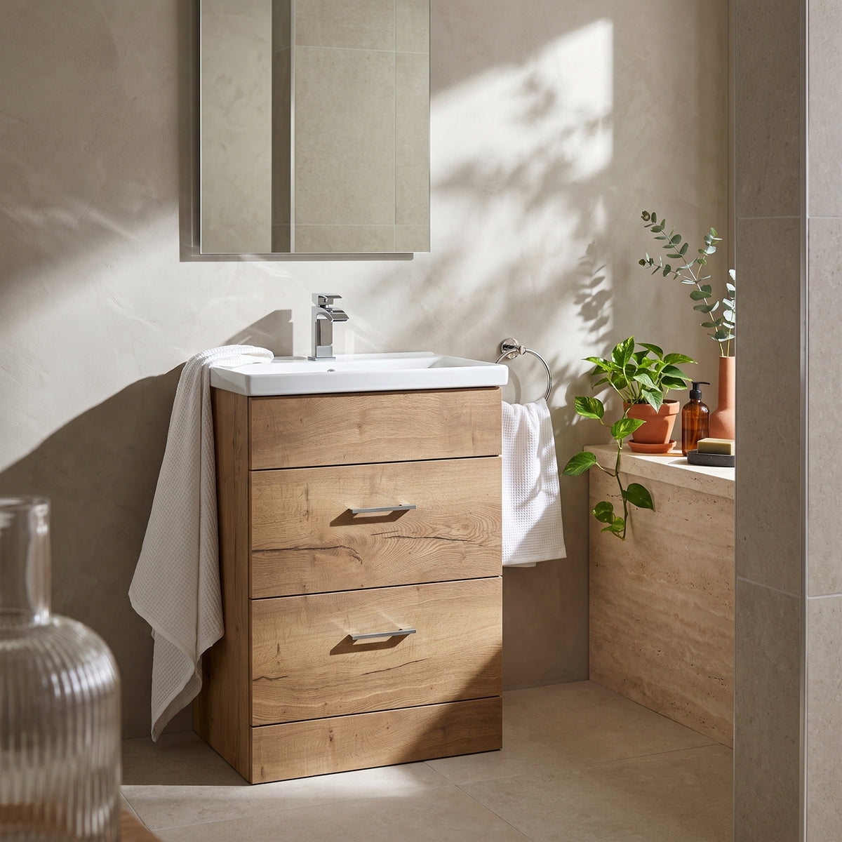 Fairford Union Style Slab Dark Oak 600mm Full Depth 2 Drawer Vanity Unit