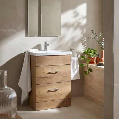 Fairford Union Style Slab Dark Oak 600mm Full Depth 2 Drawer Vanity Unit