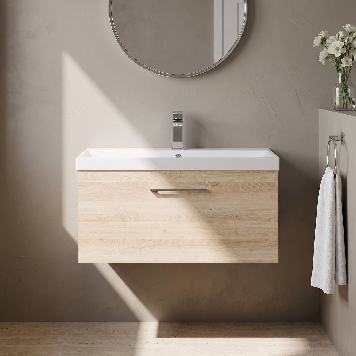 Fairford Aspri Bleached Oak 800mm 1 Drawer Wall Hung Vanity Unit