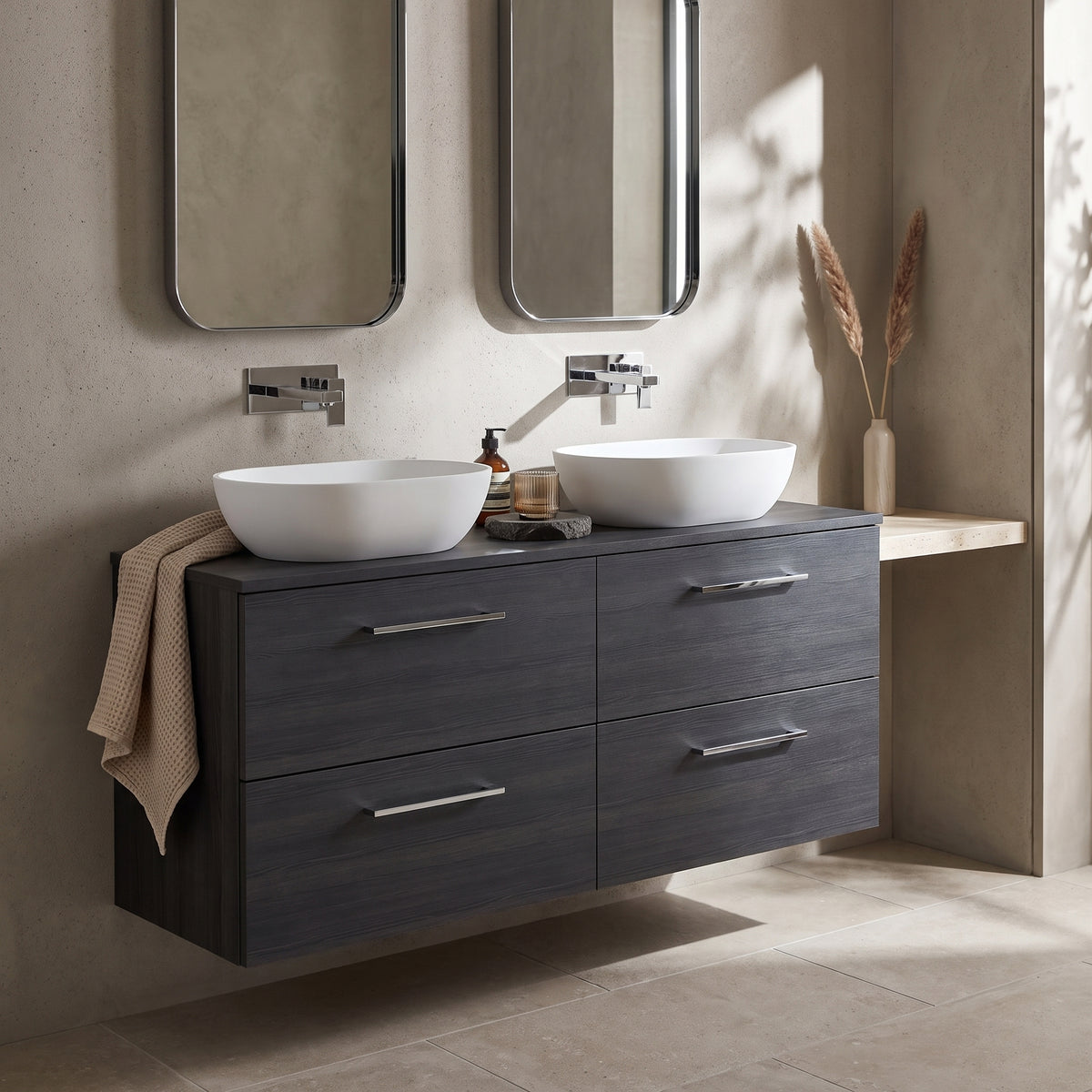 Fairford Aspri Black Woodgrain 1200mm 4 Drawer Wall Hung Vanity Unit with Worktop