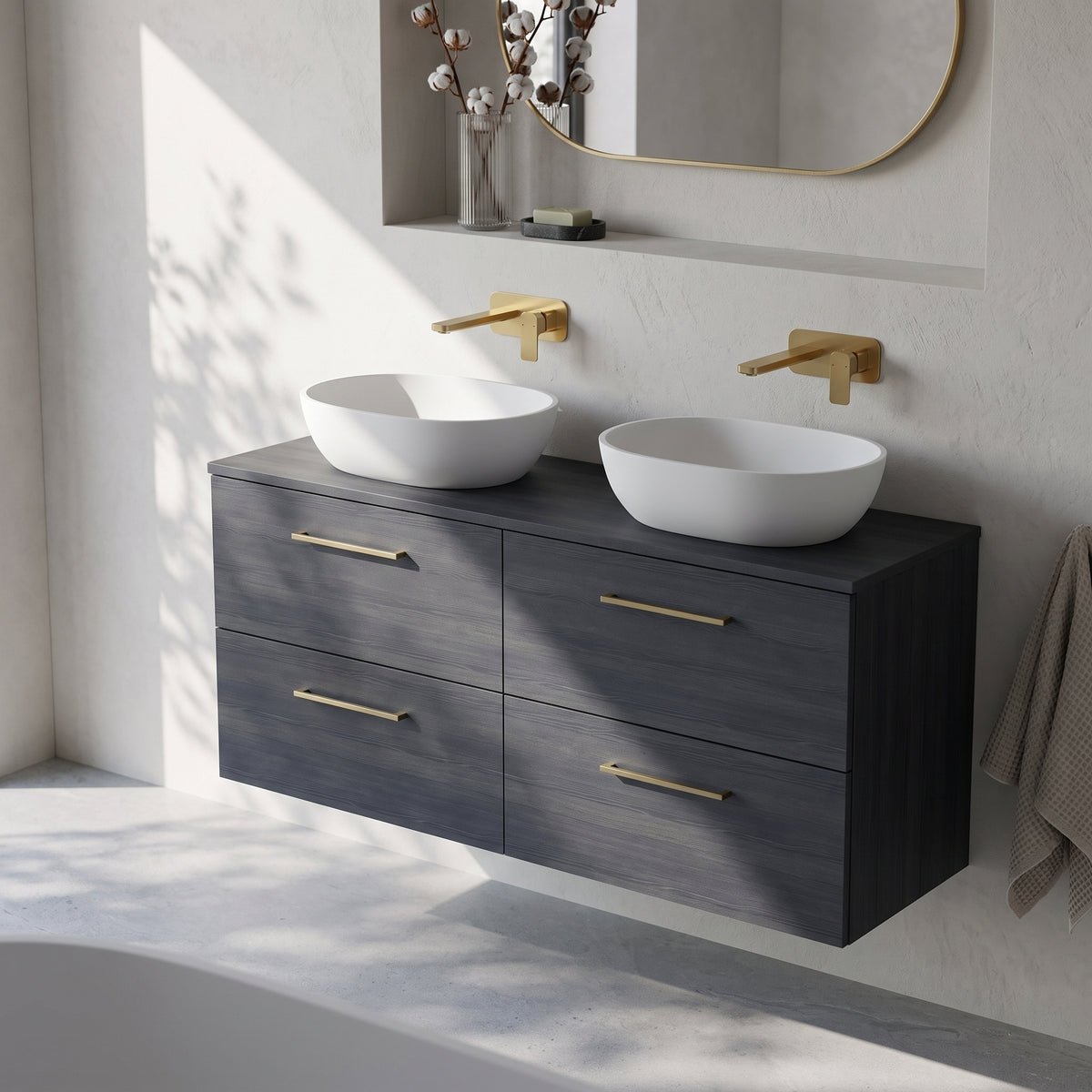 Fairford Aspri Black Woodgrain 1200mm 4 Drawer Wall Hung Vanity Unit with Worktop