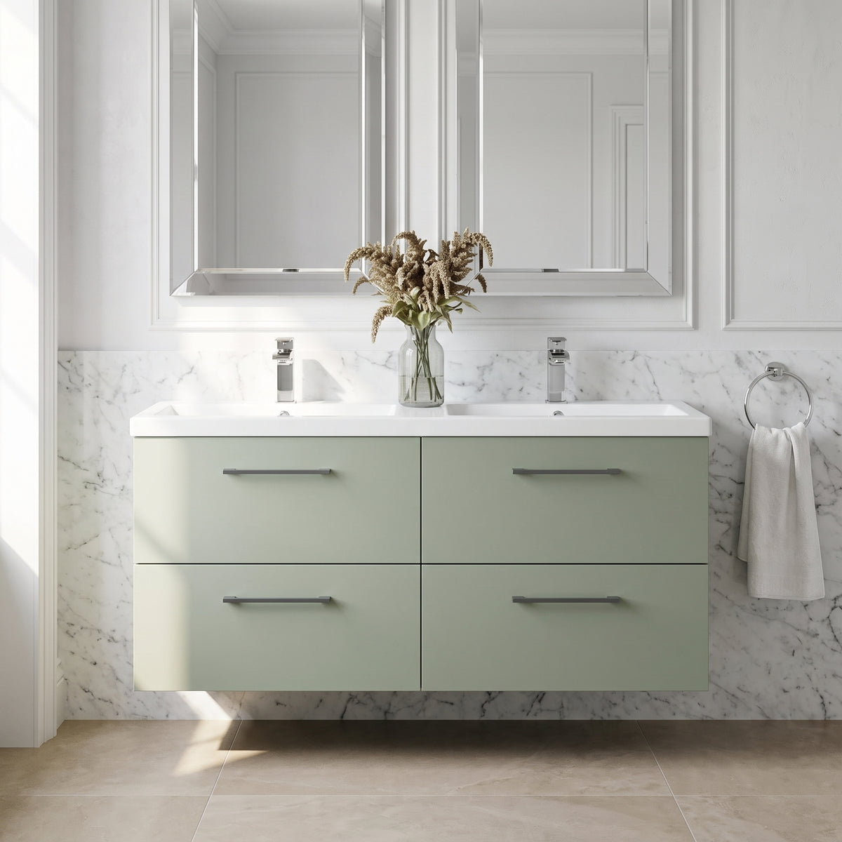 Fairford Aspri Satin Green 1200mm 4 Drawer Wall Hung Vanity Unit