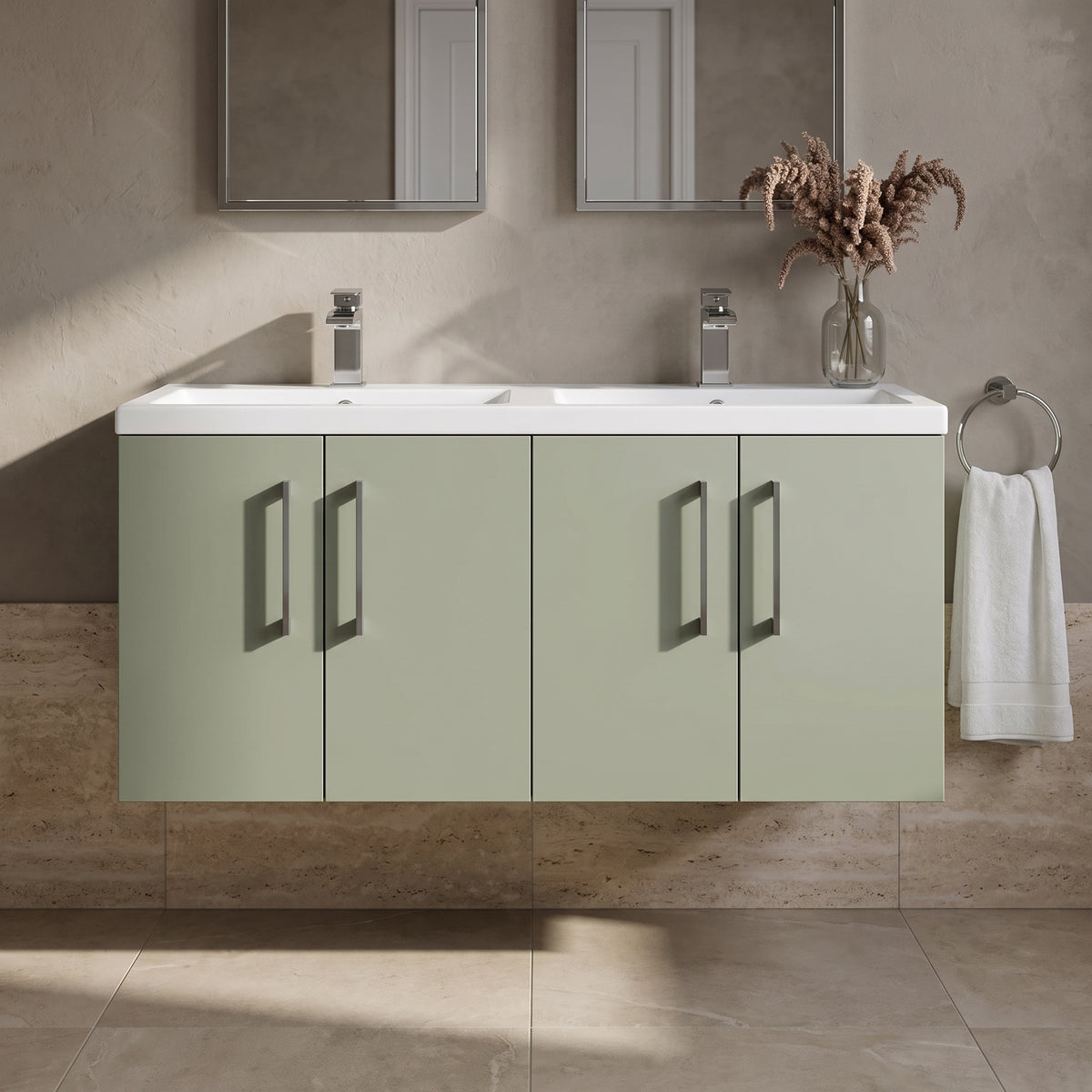 Fairford Aspri Satin Green 1200mm 4 Door Wall Hung Vanity Unit
