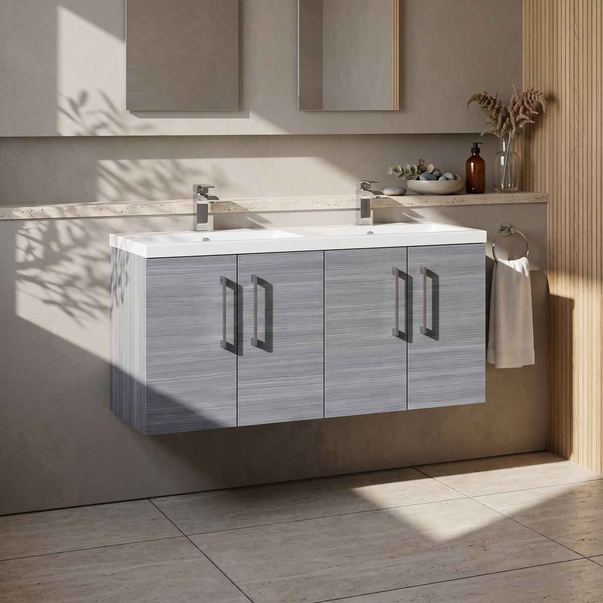 Fairford Aspri Grey Woodgrain 1200mm 4 Door Wall Hung Vanity Unit