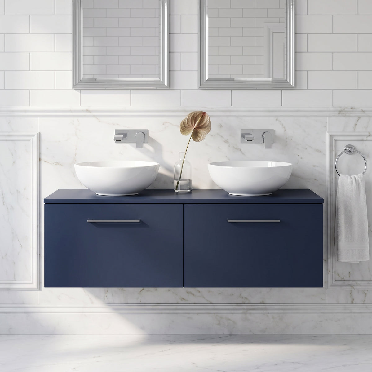 Fairford Aspri Midnight Blue 1200mm 2 Drawer Wall Hung Vanity Unit with Worktop