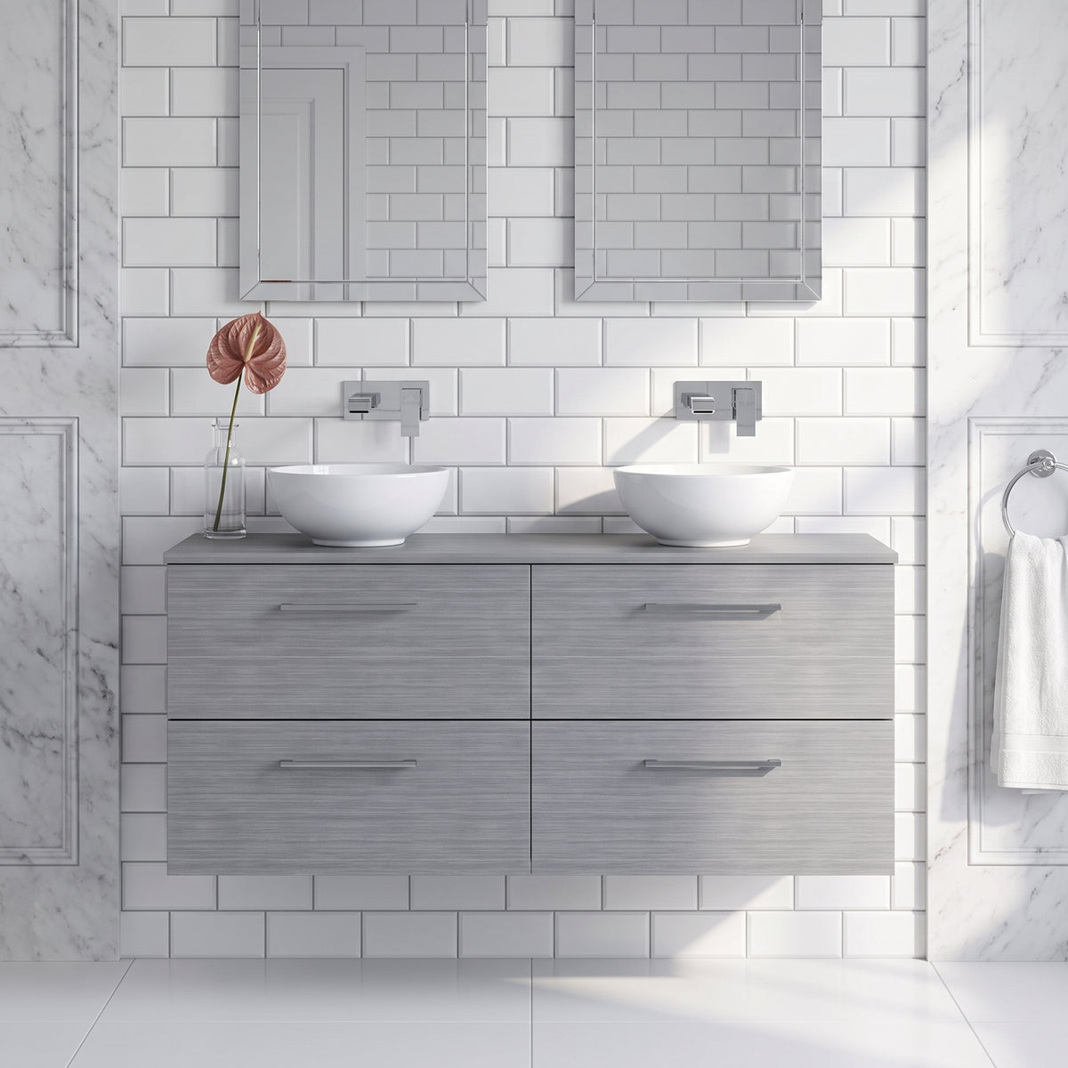 Fairford Aspri Grey Woodgrain 1200mm 4 Drawer Wall Hung Vanity Unit with Worktop