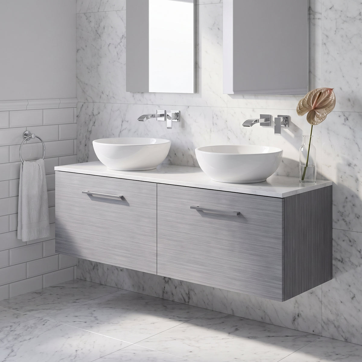 Fairford Aspri Grey Woodgrain 1200mm 2 Drawer Wall Hung Vanity Unit with Worktop