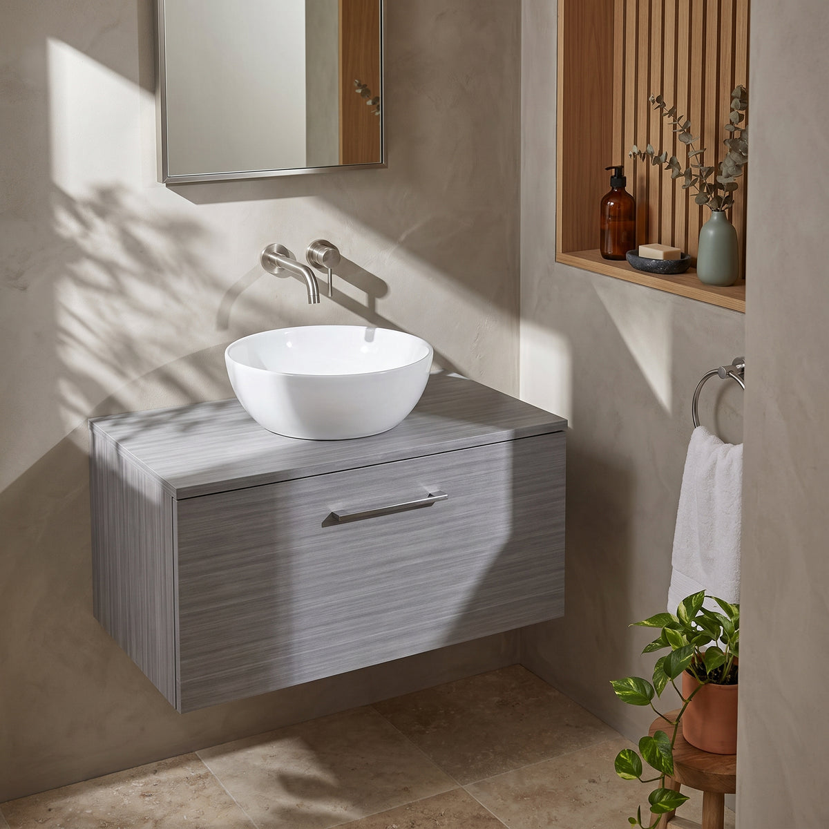 Fairford Aspri Grey Woodgrain 800mm 1 Drawer Wall Hung Vanity Unit with Worktop