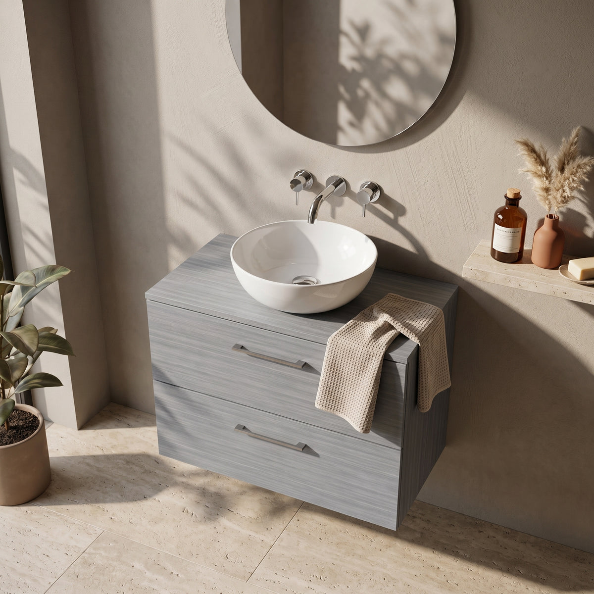 Fairford Aspri Grey Woodgrain 800mm 2 Drawer Wall Hung Vanity Unit with Worktop