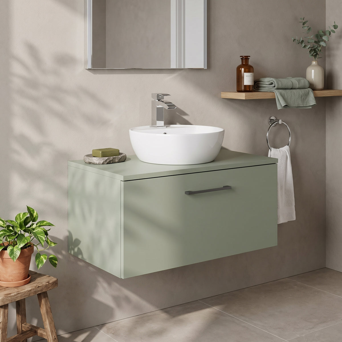 Fairford Aspri Satin Green 800mm 1 Drawer Wall Hung Vanity Unit with Worktop