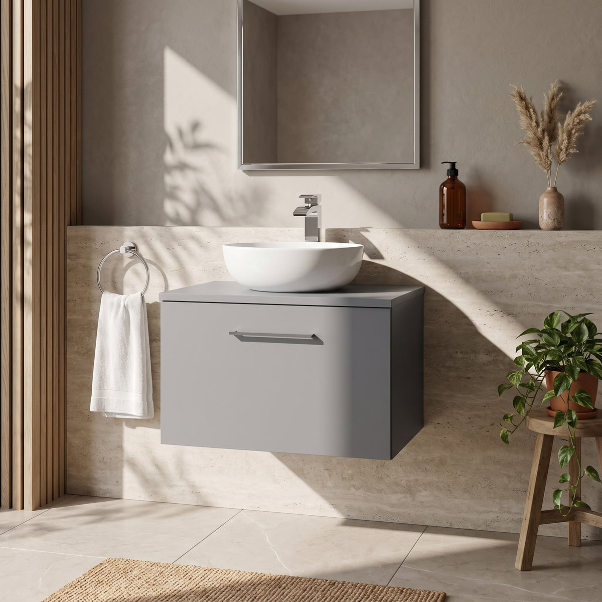 Fairford Aspri Satin Grey 600mm 1 Drawer Wall Hung Vanity Unit with Worktop