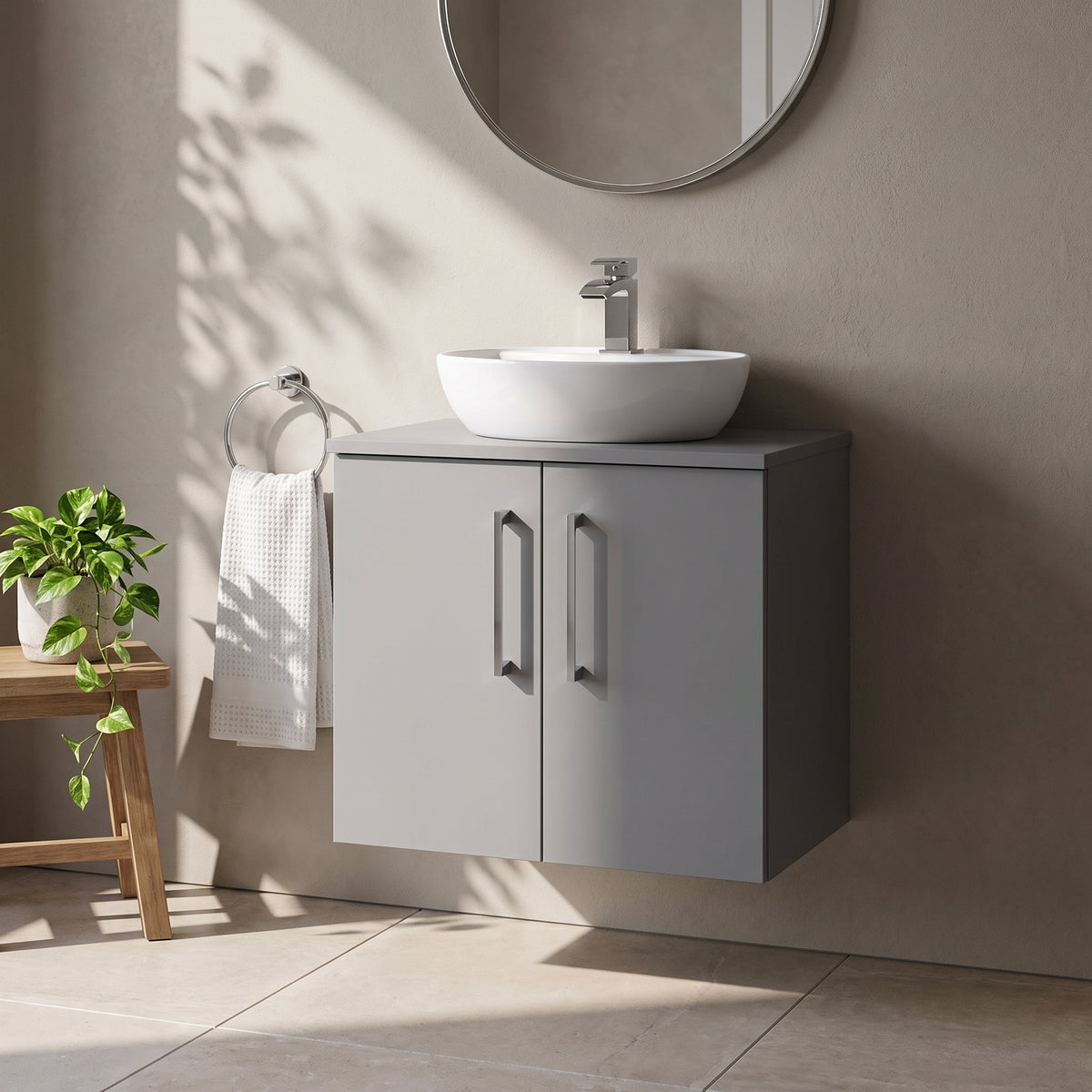 Fairford Aspri Satin Grey 600mm 2 Door Wall Hung Vanity Unit with Worktop