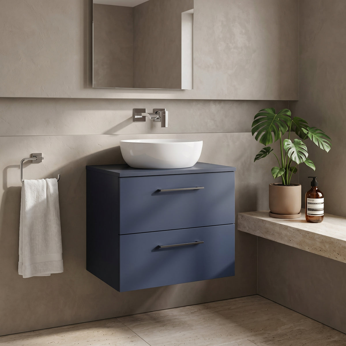 Fairford Aspri Midnight Blue 600mm 2 Drawer Wall Hung Vanity Unit with Worktop