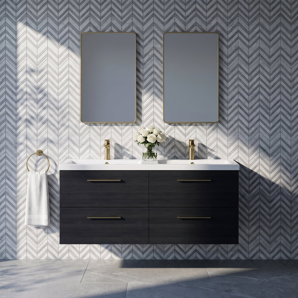 Fairford Aspri Black Woodgrain 1200mm 4 Drawer Wall Hung Vanity Unit