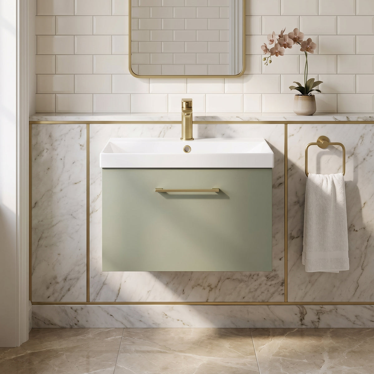 Fairford Aspri Satin Green 600mm 1 Drawer Wall Hung Vanity Unit