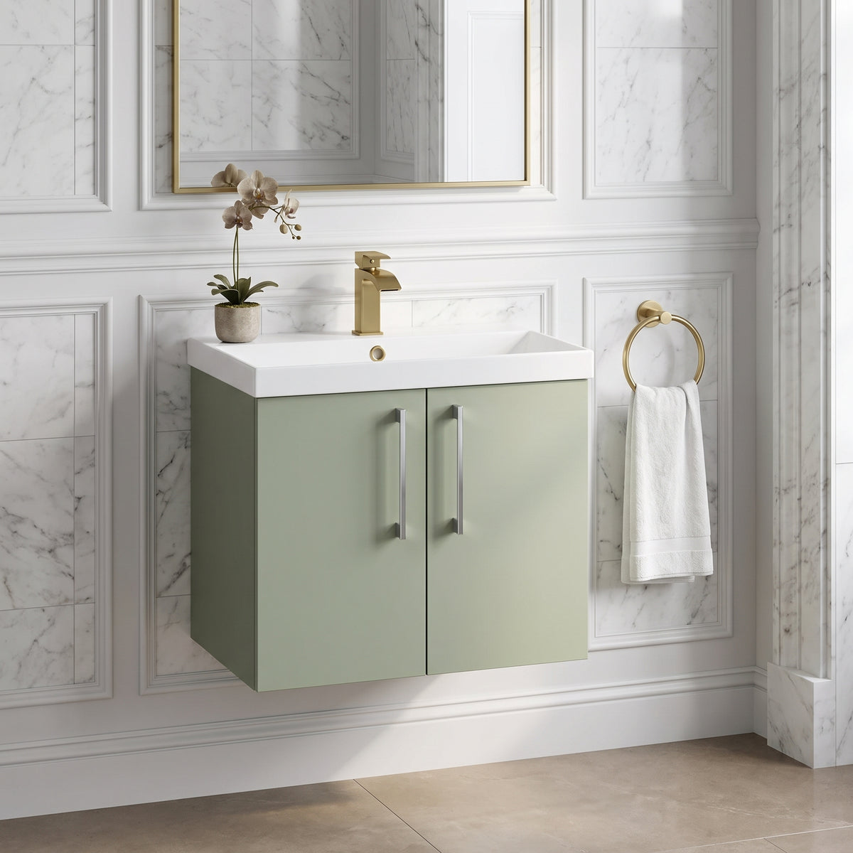 Fairford Aspri Satin Green 600mm 2 Door Wall Hung Vanity Unit
