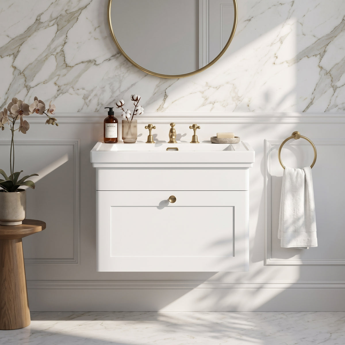 Fairford Laurel 600mm Wall Hung Satin White Vanity Unit - 3 Tap Hole