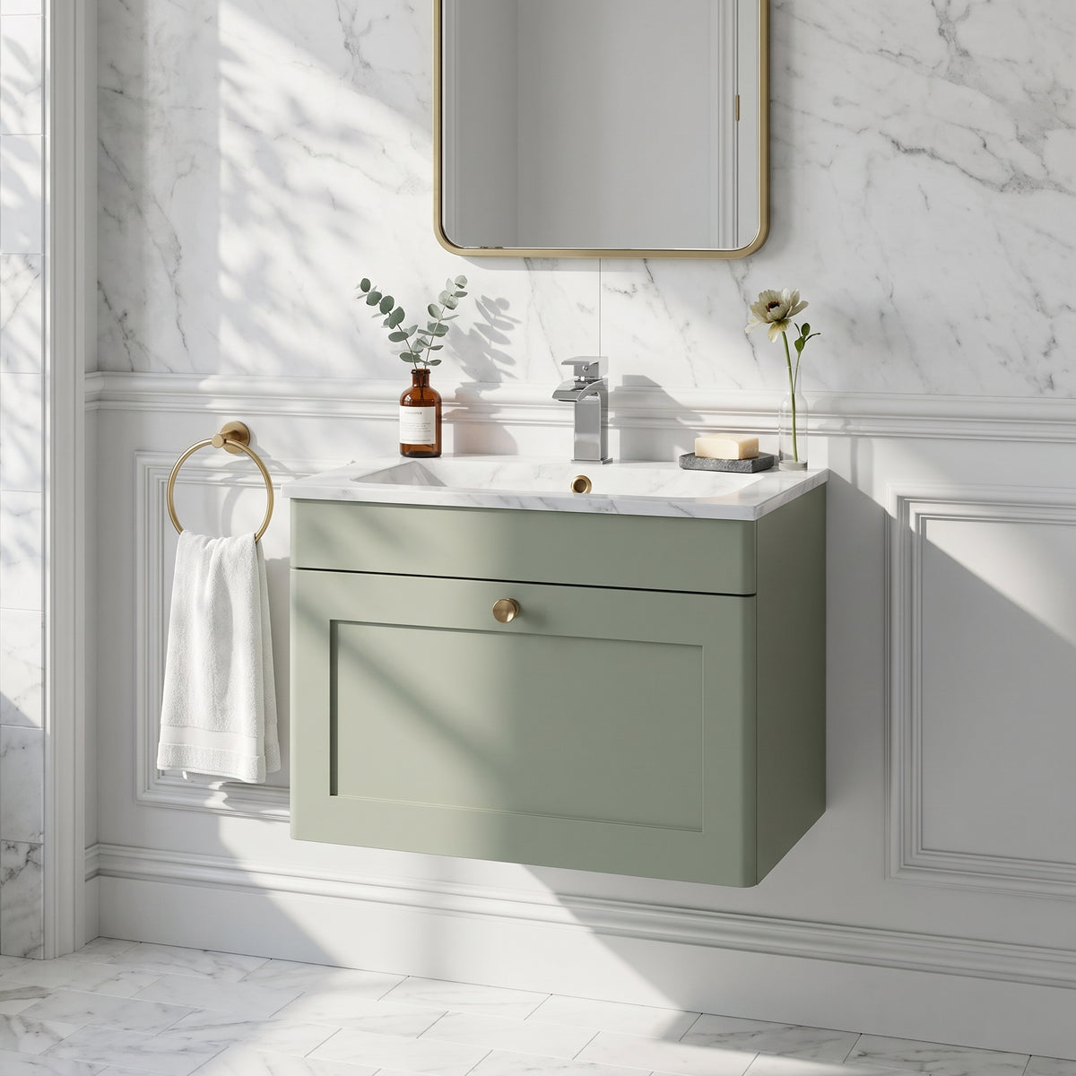 Fairford Laurel Satin Green 600mm 1 Drawer Wall Hung Vanity Unit with Stone Basin