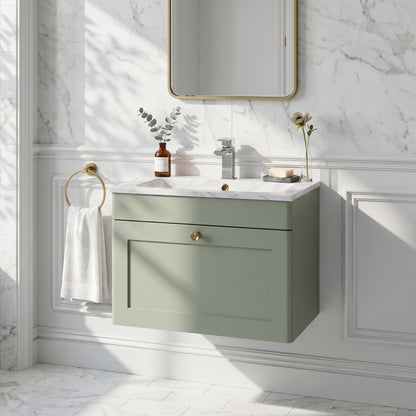 Fairford Laurel Satin Green 600mm 1 Drawer Wall Hung Vanity Unit with Stone Basin