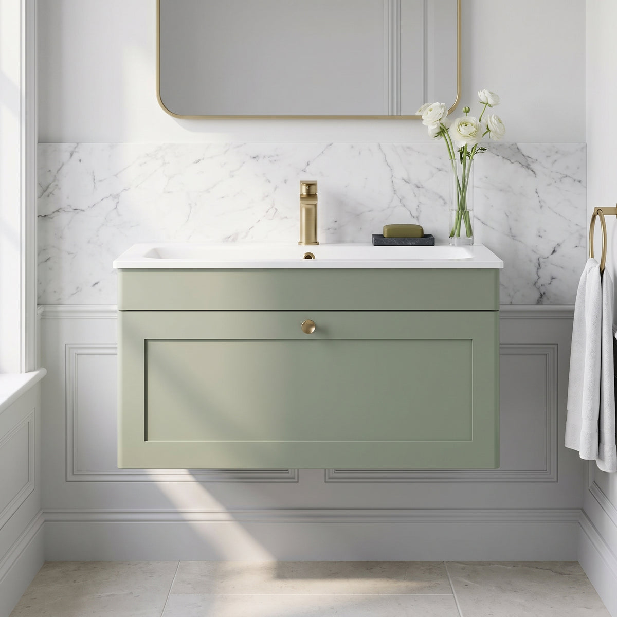 Fairford Laurel Satin Green 800mm 1 Drawer Wall Hung Vanity Unit with Stone Basin