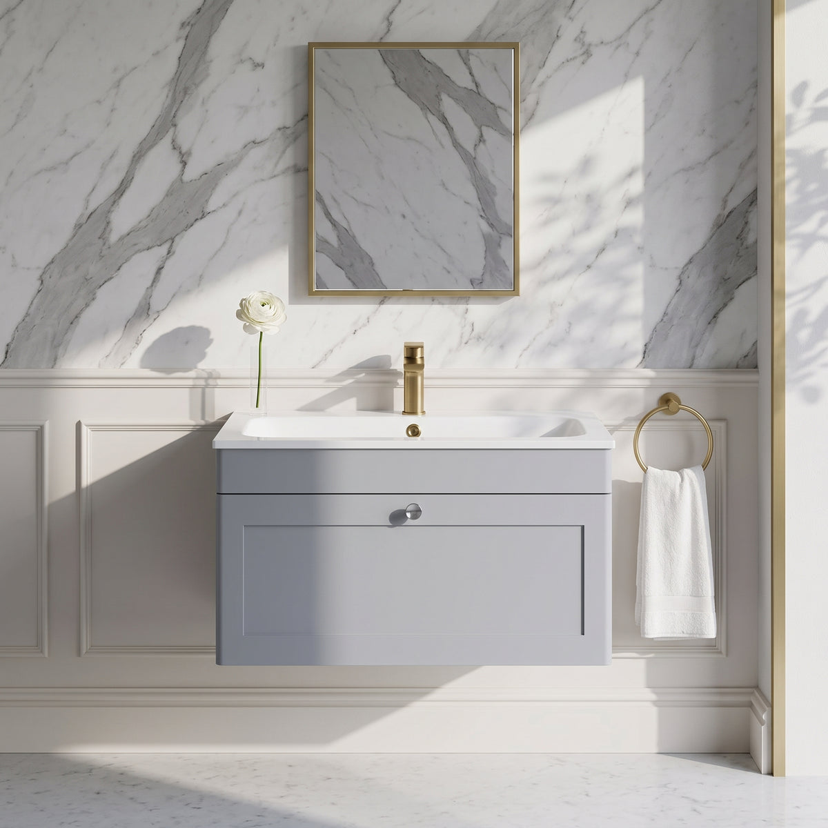 Fairford Laurel Satin Grey 800mm 1 Drawer Wall Hung Vanity Unit with Stone Basin