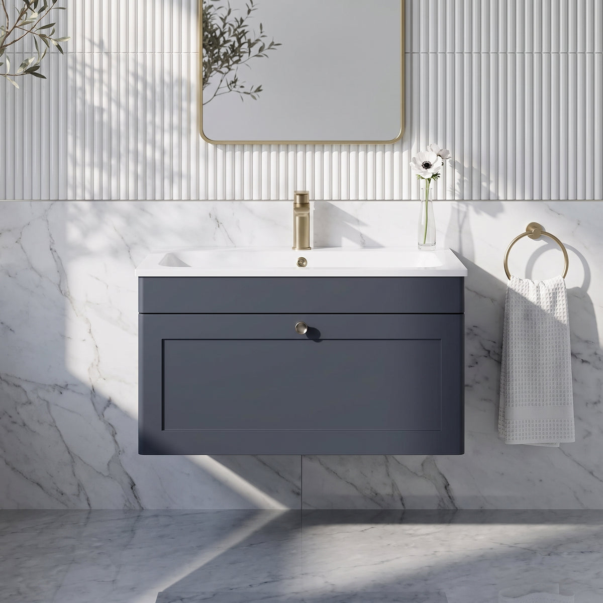Fairford Laurel Soft Black 800mm 1 Drawer Wall Hung Vanity Unit with Stone Basin