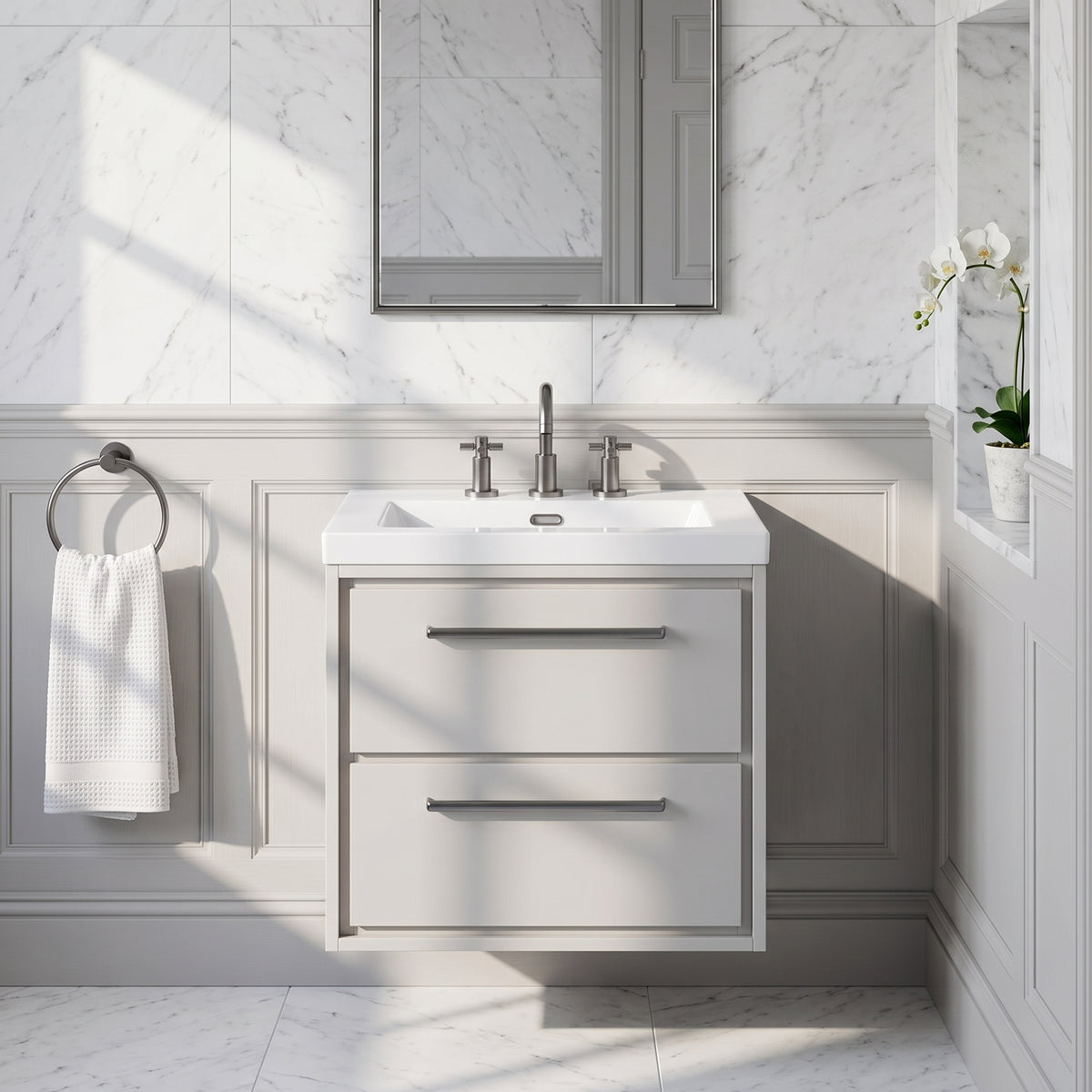 Fairford Tisse Pebble Grey 600mm 2 Drawer Wall Hung Vanity Unit with 3 Tap Hole Basin