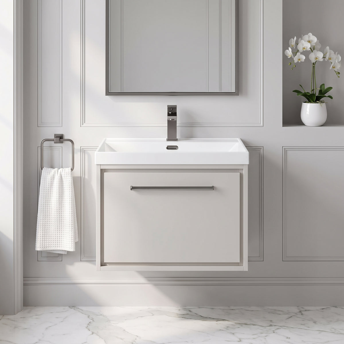 Fairford Tisse Pebble Grey 600mm 1 Drawer Wall Hung Vanity Unit with Thin Edged Basin