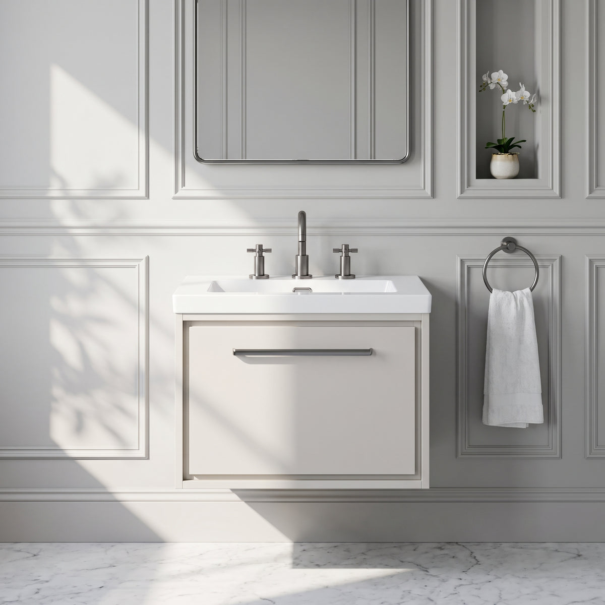 Fairford Tisse Pebble Grey 600mm 1 Drawer Wall Hung Vanity Unit with 3 Tap Hole Basin