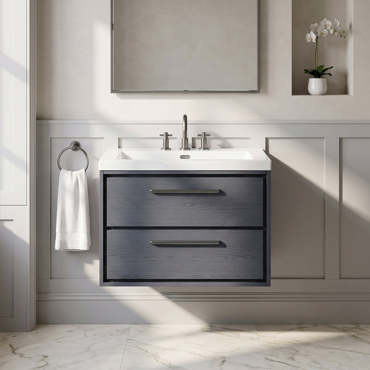 Fairford Tisse Graphite Grey Woodgrain 800mm 2 Drawer Wall Hung Vanity Unit with 3 Tap Hole Basin