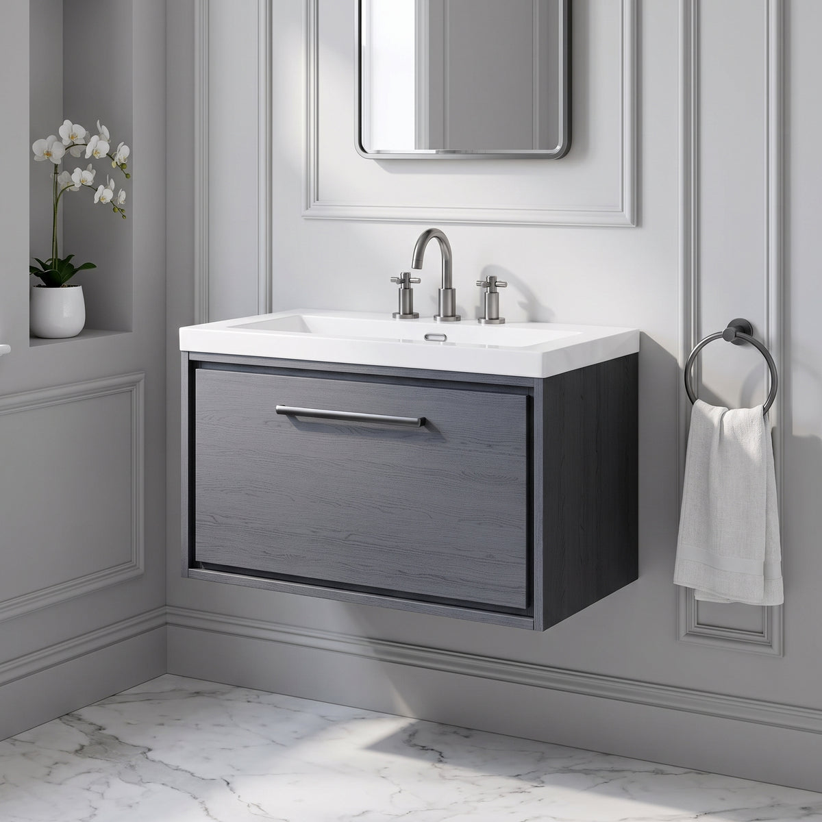 Fairford Tisse Graphite Grey Woodgrain 800mm 1 Drawer Wall Hung Vanity Unit with 3 Tap Hole Basin