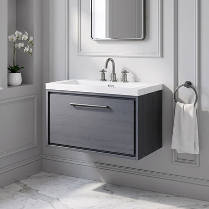 Fairford Tisse Graphite Grey Woodgrain 800mm 1 Drawer Wall Hung Vanity Unit with 3 Tap Hole Basin