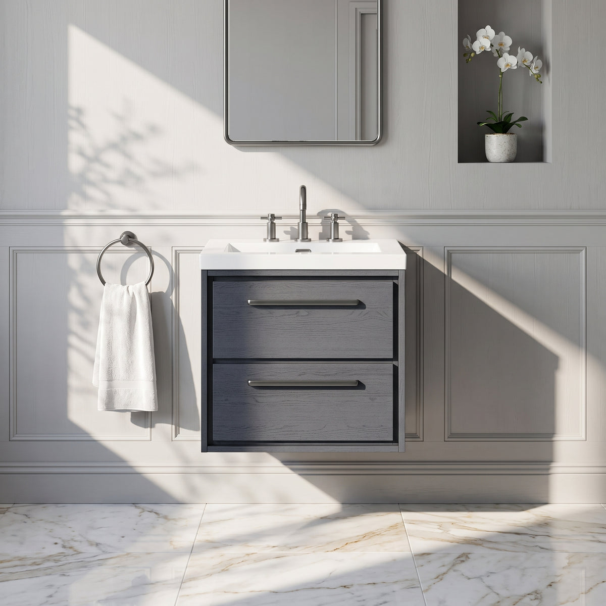 Fairford Tisse Graphite Grey Woodgrain 600mm 2 Drawer Wall Hung Vanity Unit with 3 Tap Hole Basin
