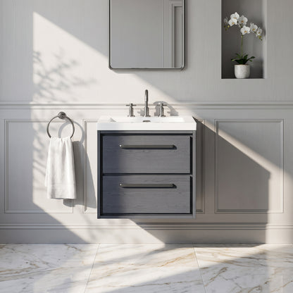 Fairford Tisse Graphite Grey Woodgrain 600mm 2 Drawer Wall Hung Vanity Unit with 3 Tap Hole Basin