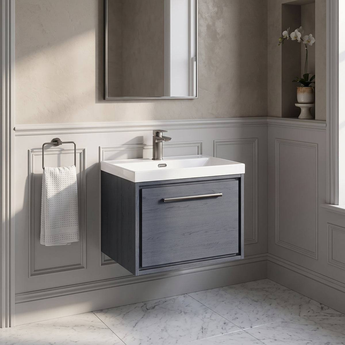Fairford Tisse Graphite Grey Woodgrain 600mm 1 Drawer Wall Hung Vanity Unit with Thin Edged Basin
