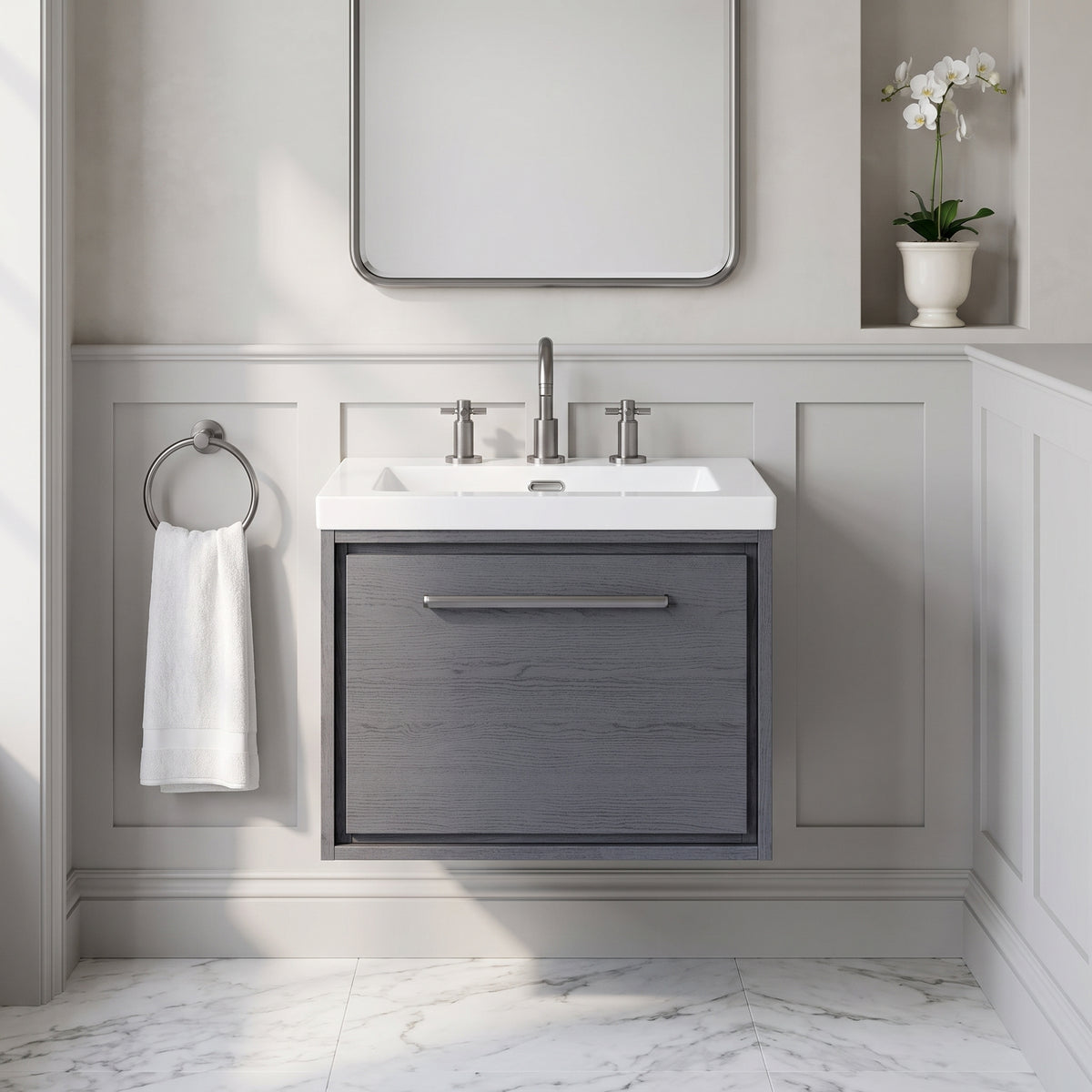Fairford Tisse Graphite Grey Woodgrain 600mm 1 Drawer Wall Hung Vanity Unit with 3 Tap Hole Basin