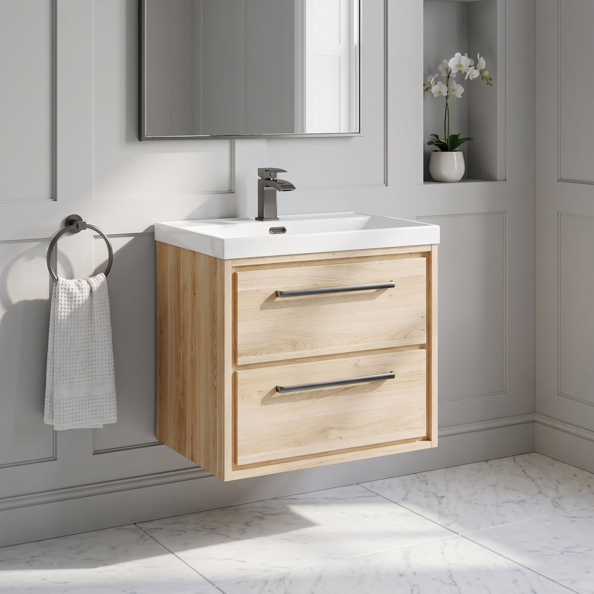 Fairford Tisse Bleached Oak 600mm 2 Drawer Wall Hung Vanity Unit with Thin Edged Basin