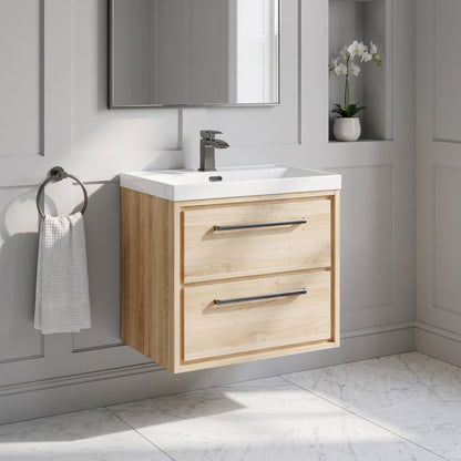 Fairford Tisse Bleached Oak 600mm 2 Drawer Wall Hung Vanity Unit with Thin Edged Basin