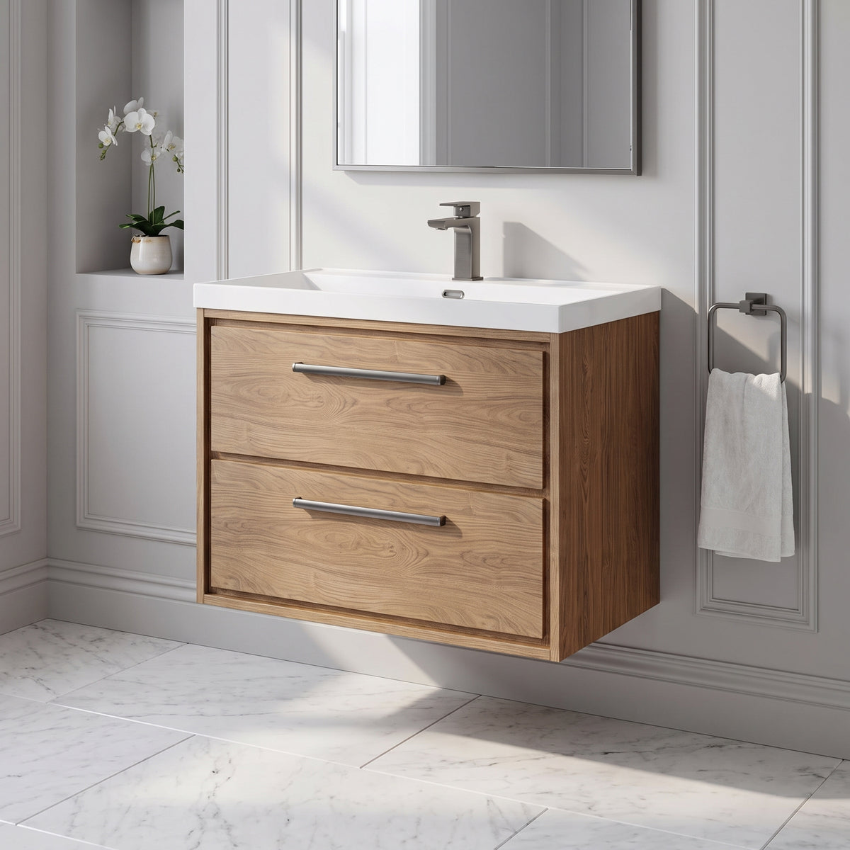 Fairford Tisse Antique Oak 800mm 2 Drawer Wall Hung Vanity Unit with Thin Edged Basin