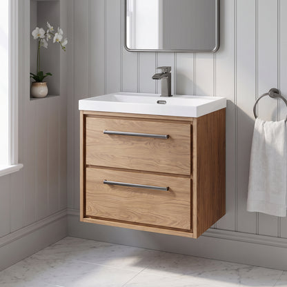 Fairford Tisse Antique Oak 600mm 2 Drawer Wall Hung Vanity Unit with Thin Edged Basin